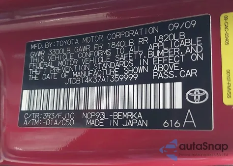 2010 Toyota Yaris from USA, damaged, VIN JTDBT4K37A1359999